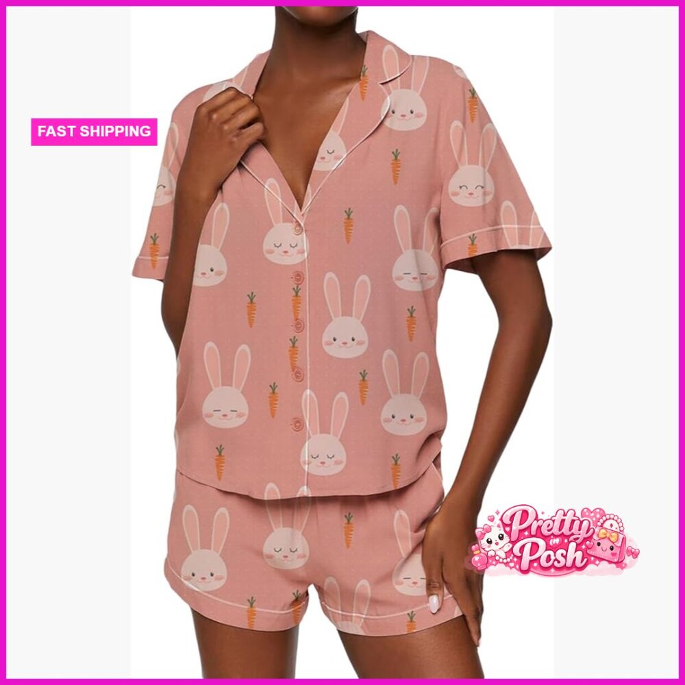 Polyester Blend Bunny Easter Pajama Set With Butt… - image 1